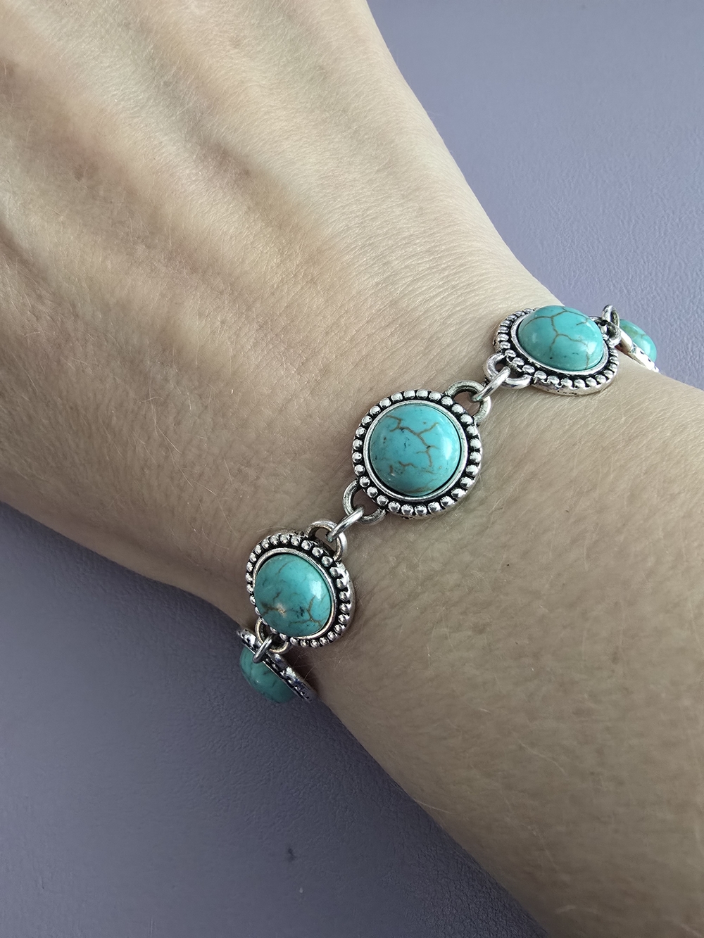 Turquoise Stone Silver-Link Bracelet - Women Jewelry, 7" - 9" Adjustable, NWOT